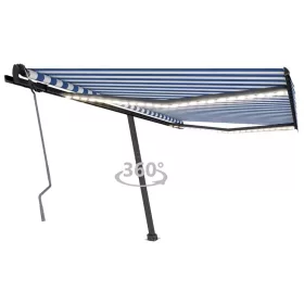   Kék és fehér kézzel kihúzható LED-es napellenző 450 x 350 cm