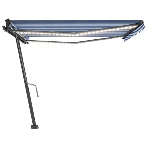 Kék és fehér kézzel kihúzható LED-es napellenző 450 x 350 cm