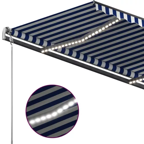 Kék és fehér kézzel kihúzható LED-es napellenző 450 x 350 cm