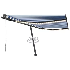   Kék/fehér automata szélérzékelős és LED-es napellenző 450x350cm