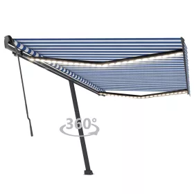   Kék és fehér kézzel kihúzható LED-es napellenző 500 x 350 cm