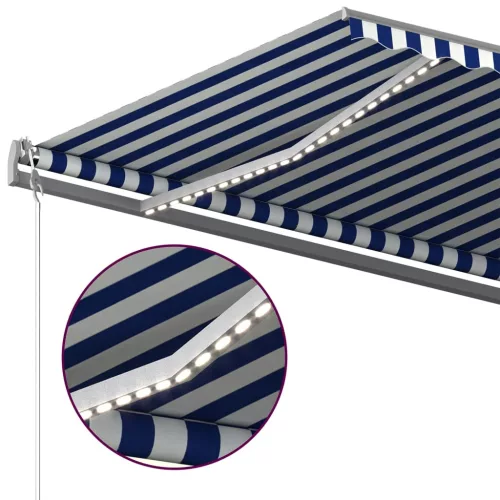 Kék és fehér kézzel kihúzható LED-es napellenző 500 x 350 cm