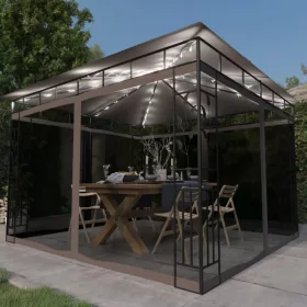   Tópszínű pavilon szúnyoghálóval/LED fényfüzérrel 3 x 3 x 2,73 m