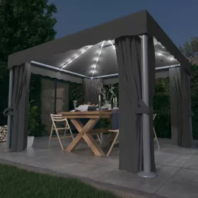   Antracitszürke pavilon függönnyel és LED fényfüzérrel 3 x 3 m