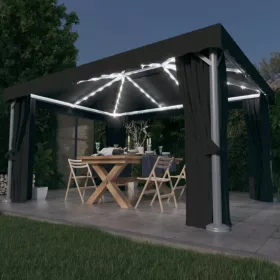   Antracitszürke pavilon függönnyel és LED fényfüzérrel 4 x 3 m