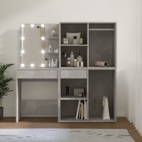   Betonszürke szerelt fa LED-es fésülködőasztal 2 szekrénnyel