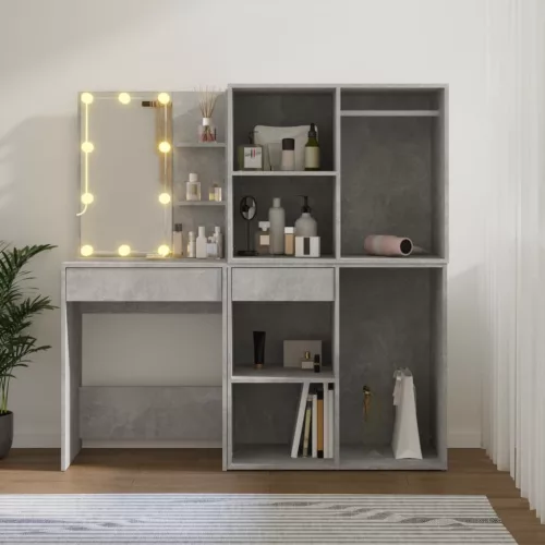 Betonszürke szerelt fa LED-es fésülködőasztal 2 szekrénnyel