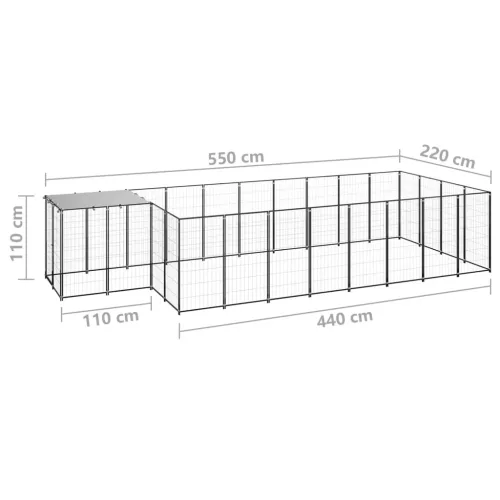 Fekete acél kutyakennel 10,89 m²