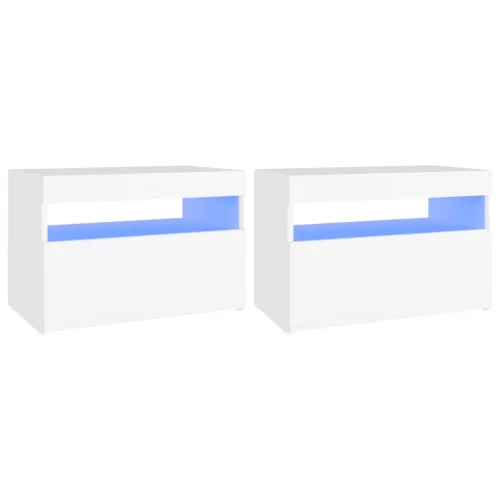 2 db fehér éjjeliszekrény LED-lámpákkal 60x35x40 cm szerelt fa