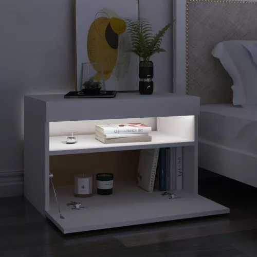 2 db fehér éjjeliszekrény LED-lámpákkal 60x35x40 cm szerelt fa