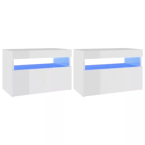 2 db magasfényű fehér éjjeliszekrény LED-lámpákkal 60x35x40 cm