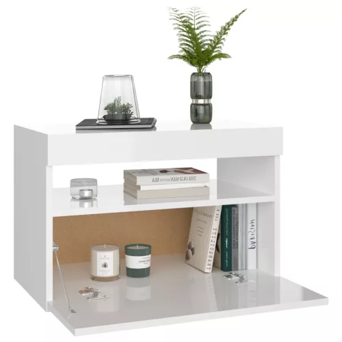 2 db magasfényű fehér éjjeliszekrény LED-lámpákkal 60x35x40 cm