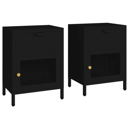 2 db fekete acél és üveg éjjeliszekrény 40 x 30 x 54,5 cm