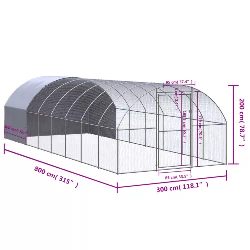 Kültéri horganyzott acél tyúkól 3 x 8 x 2 m