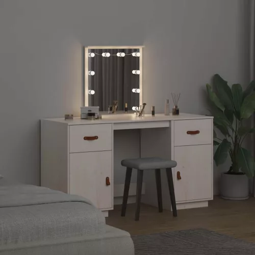 Fehér tömör fenyőfa fésülködőasztal szett LED-del