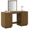 Mézbarna tömör fenyőfa fésülködőasztal szett LED-del