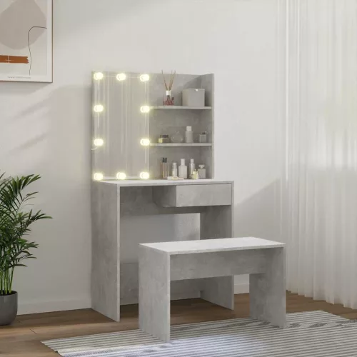 Betonszürke szerelt fa fésülködőasztal-szett LED-ekkel