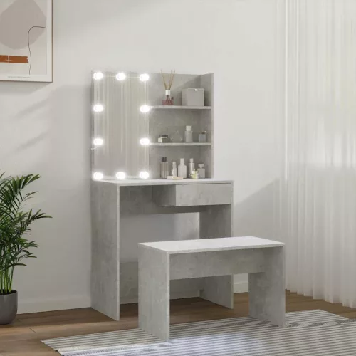 Betonszürke szerelt fa fésülködőasztal-szett LED-ekkel