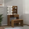 Barna tölgy színű szerelt fa fésülködőasztal-szett LED-ekkel