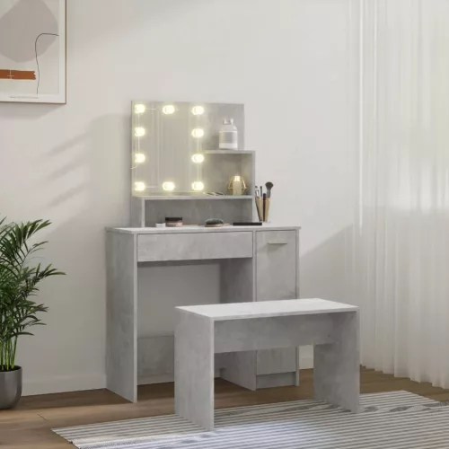 Betonszürke szerelt fa fésülködőasztal-szett LED-ekkel