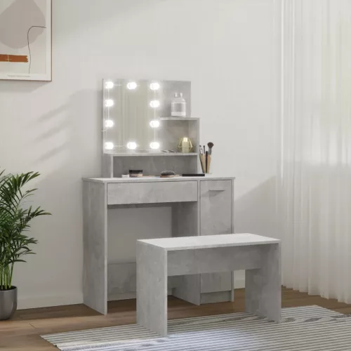 Betonszürke szerelt fa fésülködőasztal-szett LED-ekkel