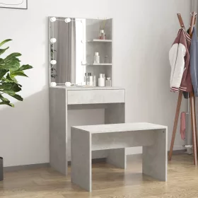 Betonszürke szerelt fa fésülködőasztal-szett LED-ekkel