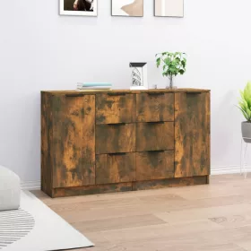  2 db füstös tölgy színű szerelt fa tálalóasztal 60 x 30 x 70 cm