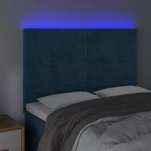 Sötétkék bársony LED-es fejtámla 144x5x118/128 cm