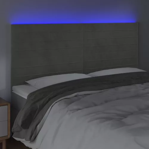 Világosszürke bársony LED-es fejtámla 200x5x118/128 cm