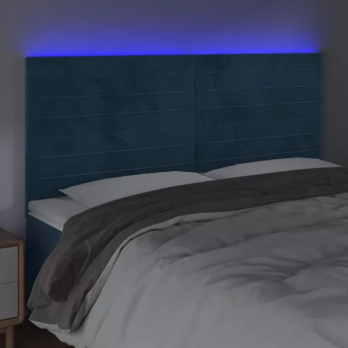 Sötétkék bársony LED-es fejtámla 200x5x118/128 cm