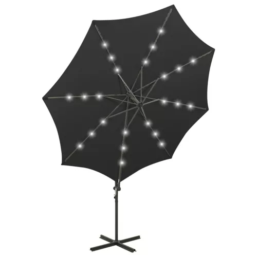 Fekete konzolos napernyő rúddal és LED-fényekkel 300 cm