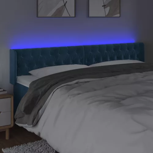 Sötétkék bársony LED-es fejtámla 183 x 16 x 78/88 cm