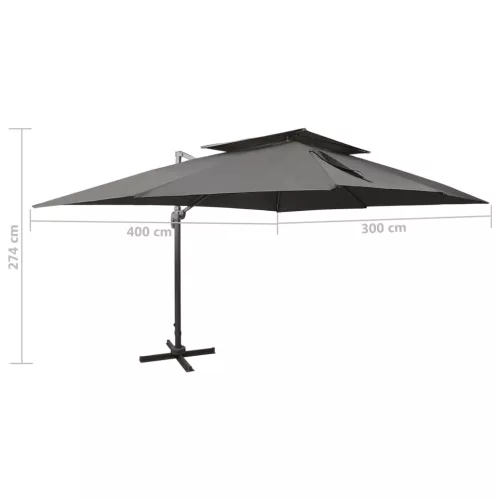Antracit színű konzolos kerti napernyő dupla tetejjel 400 x 300 cm