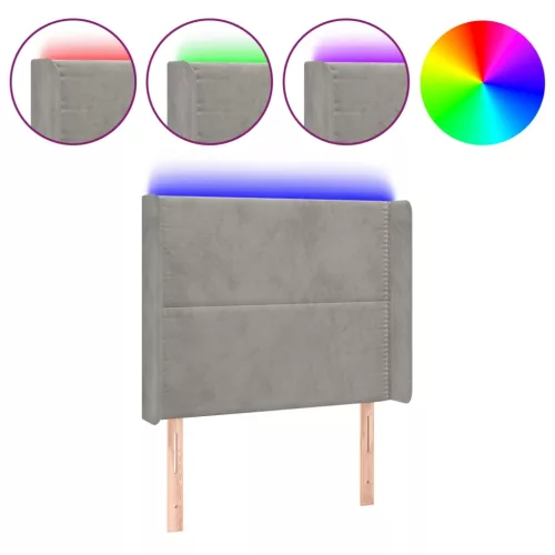 Világosszürke bársony LED-es fejtámla 83x16x118/128 cm