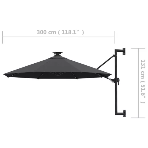 Antracitszürke fali napernyő LED-ekkel és fémrúddal 300 cm