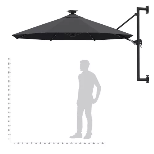 Antracitszürke fali napernyő LED-ekkel és fémrúddal 300 cm
