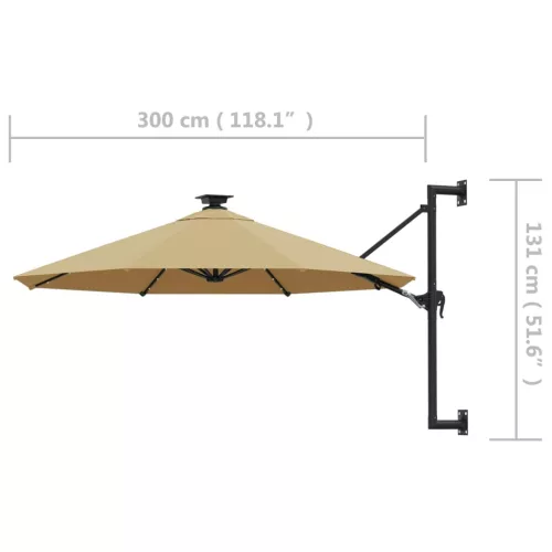Tópszínű fali napernyő LED-ekkel és fémrúddal 300 cm
