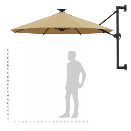 Tópszínű fali napernyő LED-ekkel és fémrúddal 300 cm