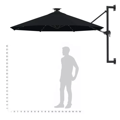 Fekete fali napernyő LED-ekkel és fémrúddal 300 cm