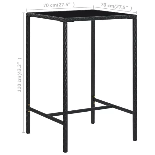 Fekete polyrattan és üveg kerti bárasztal 70 x 70 x 110 cm