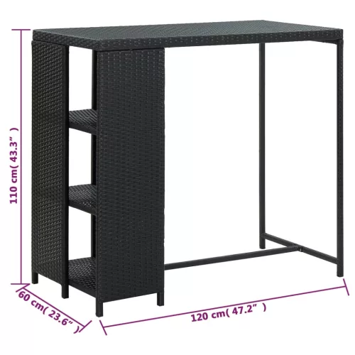 Fekete polyrattan bárasztal tárolópolccal 120 x 60 x 110 cm