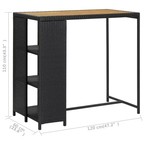 Fekete polyrattan bárasztal tárolópolccal 120 x 60 x 110 cm