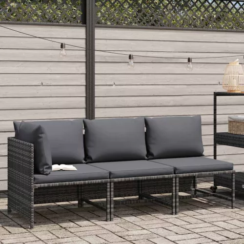 3 részes szürke polyrattan kerti bútorszett párnákkal