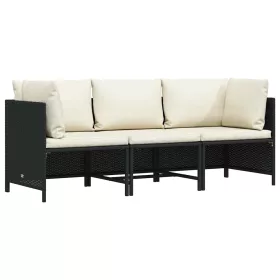 3 személyes fekete polyrattan kerti kanapé párnákkal