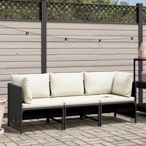 3 személyes fekete polyrattan kerti kanapé párnákkal