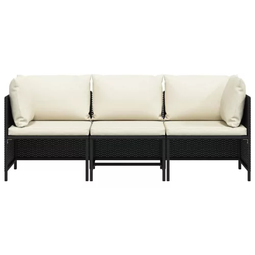 3 személyes fekete polyrattan kerti kanapé párnákkal