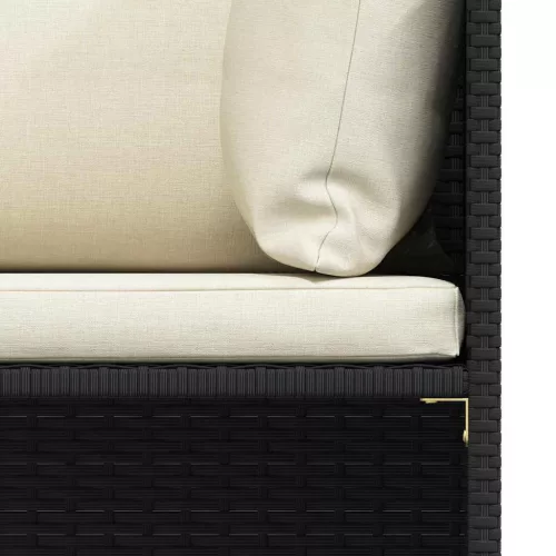 3 személyes fekete polyrattan kerti kanapé párnákkal