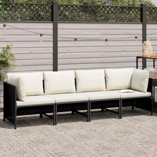 4 személyes fekete polyrattan kerti kanapé párnákkal