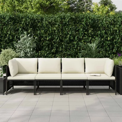 4 személyes fekete polyrattan kerti kanapé párnákkal