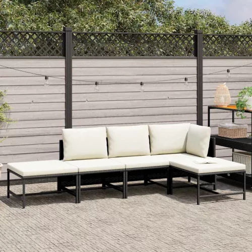 5 részes fekete polyrattan kerti kanapészett párnákkal